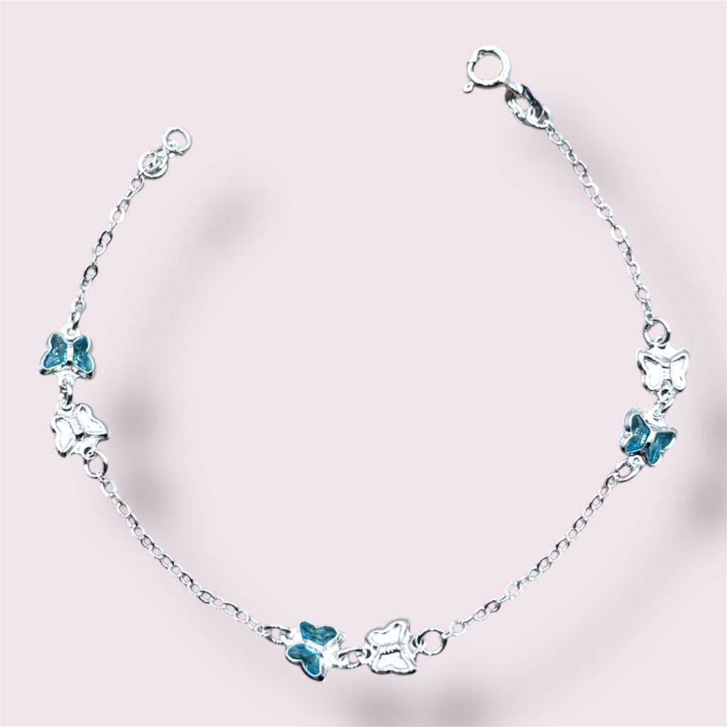 PULSEIRA BORBOLETAS AZUIS E PRATA 18,5CM