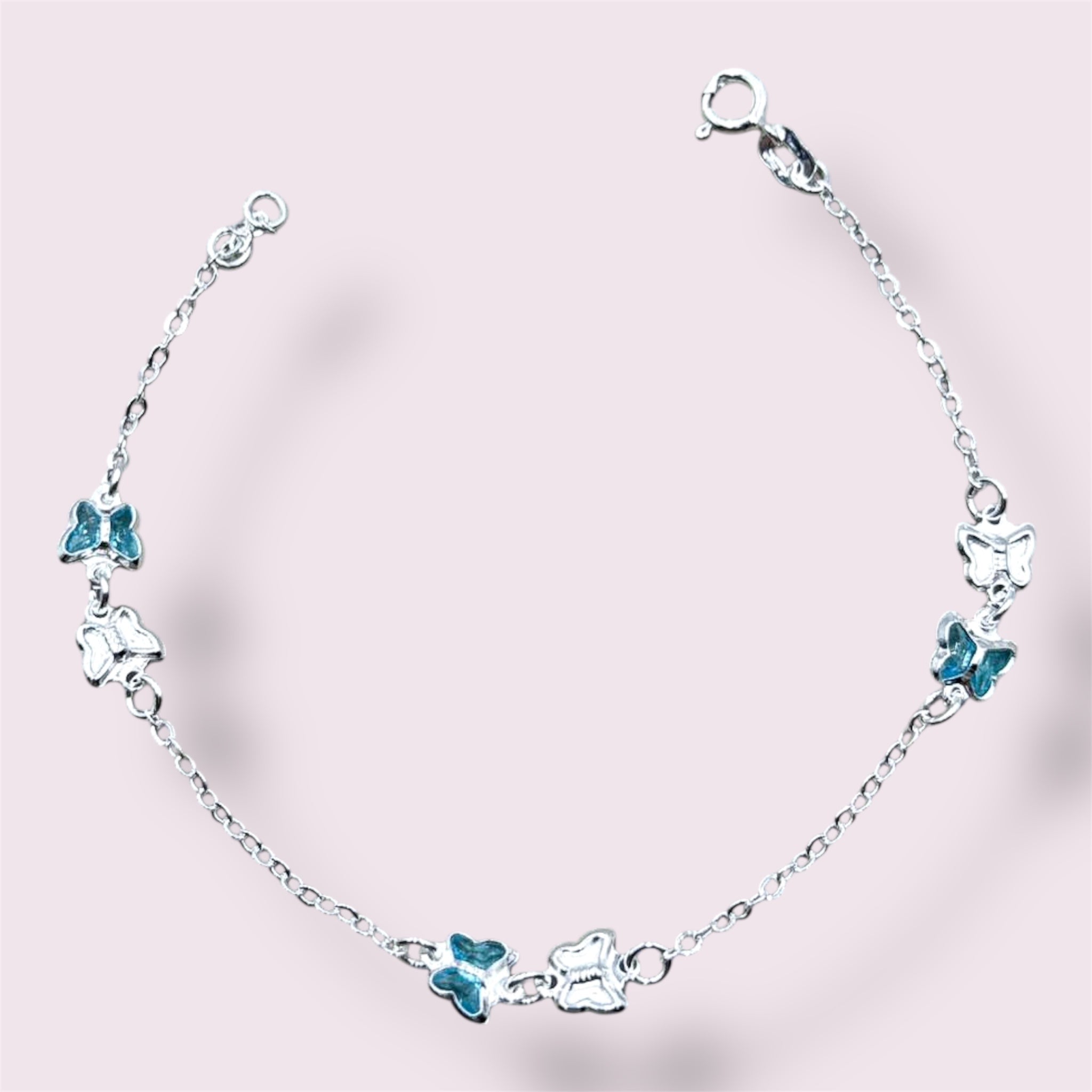 PULSEIRA BORBOLETAS AZUIS E PRATA 18,5CM